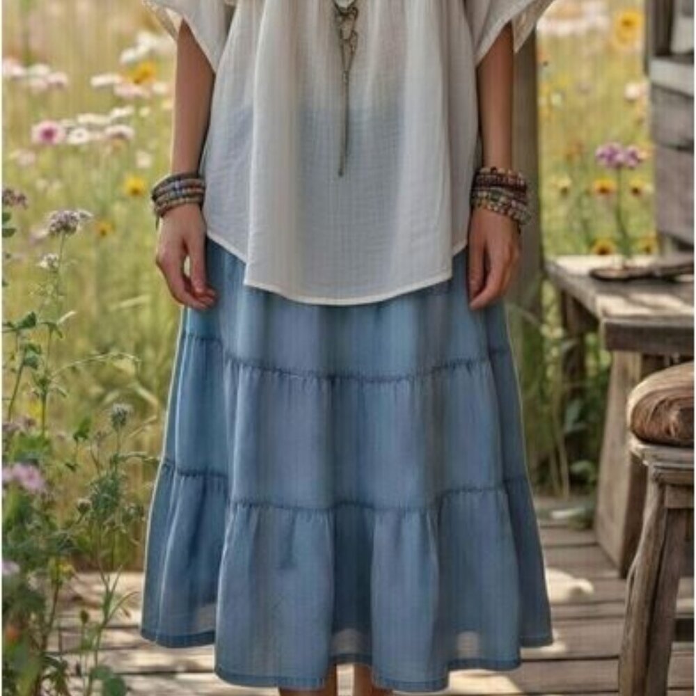 Blue Tiered Midi Skirt - 8 Tiers, Side Zipper, Jeans Chambray Denim A-line